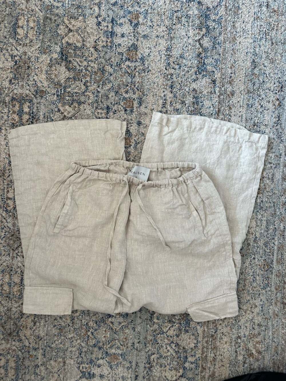 Hausen 100% Linen Wide Leg Cargo Pants Size S Beige Drawstring